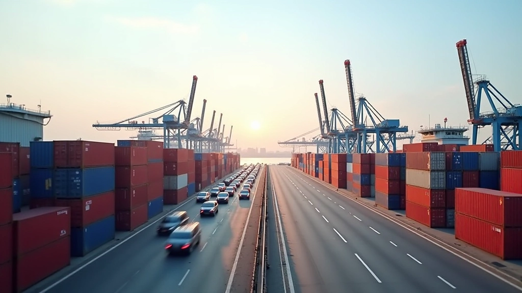 Port de conteneurs avec navires cargo et grues, illustrant les perturbations de la chaîne logistique mondiale