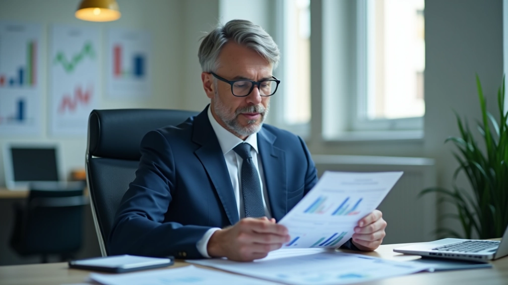 Professionnel examinant des données économiques et des rapports d'analyse sur un bureau moderne avec graphiques