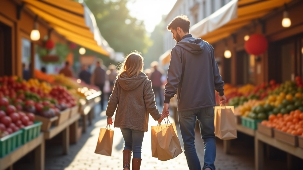 Famille faisant ses courses au marché local de Strasbourg, sacs réutilisables à la main