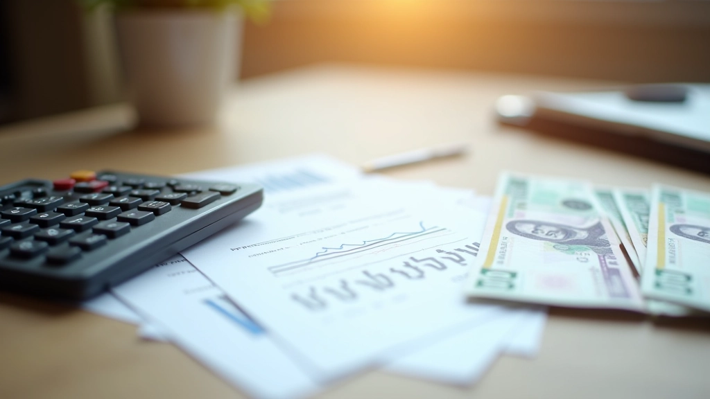 Factures et documents financiers organisés sur une table de travail avec un stylo et une calculatrice