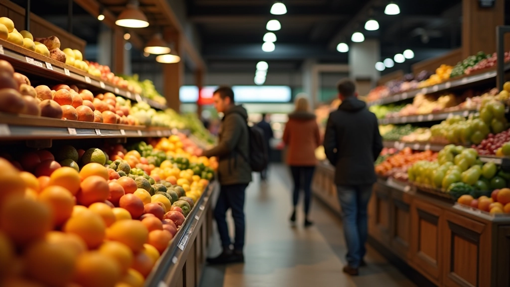 Marché d'alimentation avec fruits et légumes frais exposés, passants faisant leurs courses