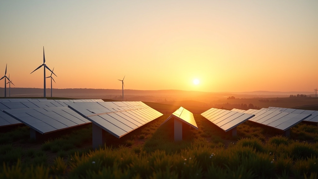 Panneaux solaires et éoliennes en paysage rural avec coucher de soleil, représentant les sources d'énergie renouvelable
