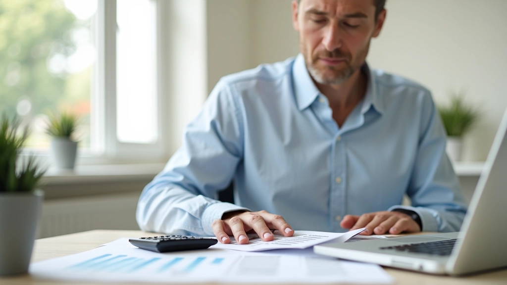 Bureau organisé avec un document de budget, une calculatrice et des graphiques de dépenses mensuelles